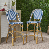 Outdoor Bar Stool Rattan - Navy Blue & White (S/2)