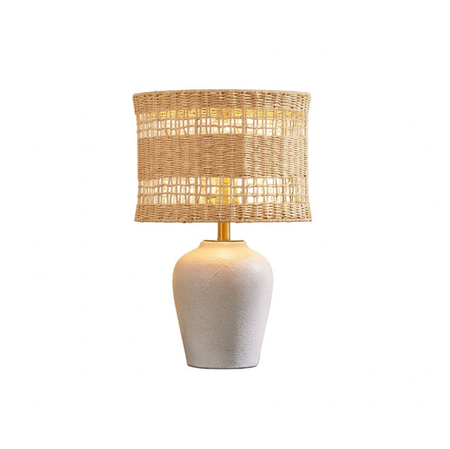 Gray Ceramic Table Lamp with Woven Rattan Shade — front view