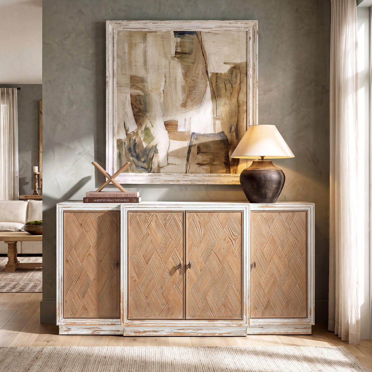 Amelie Patchwork 4-Door Sideboard, Antique White and Medium Brown Reclaimed Pine - OROA Online Furniture