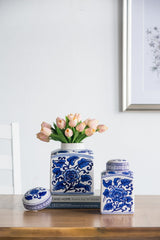 Hand Painted Square Canister - Blue/White Floral Pattern - OROA