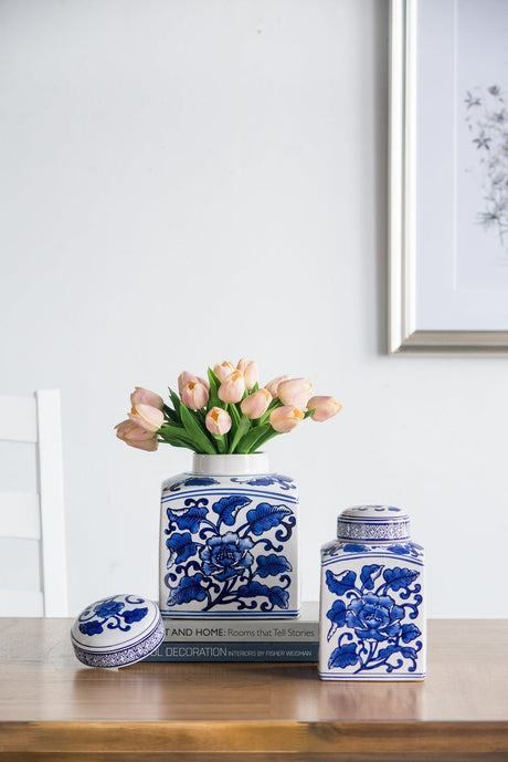 Hand Painted Square Canister - Blue/White Floral Pattern - OROA