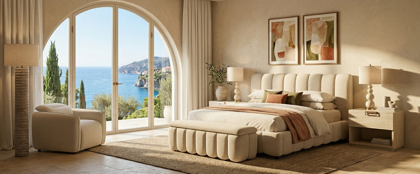 French Riviera bedroom by OROA featuring elegant furnishings, layered textures, and Mediterranean-inspired design.