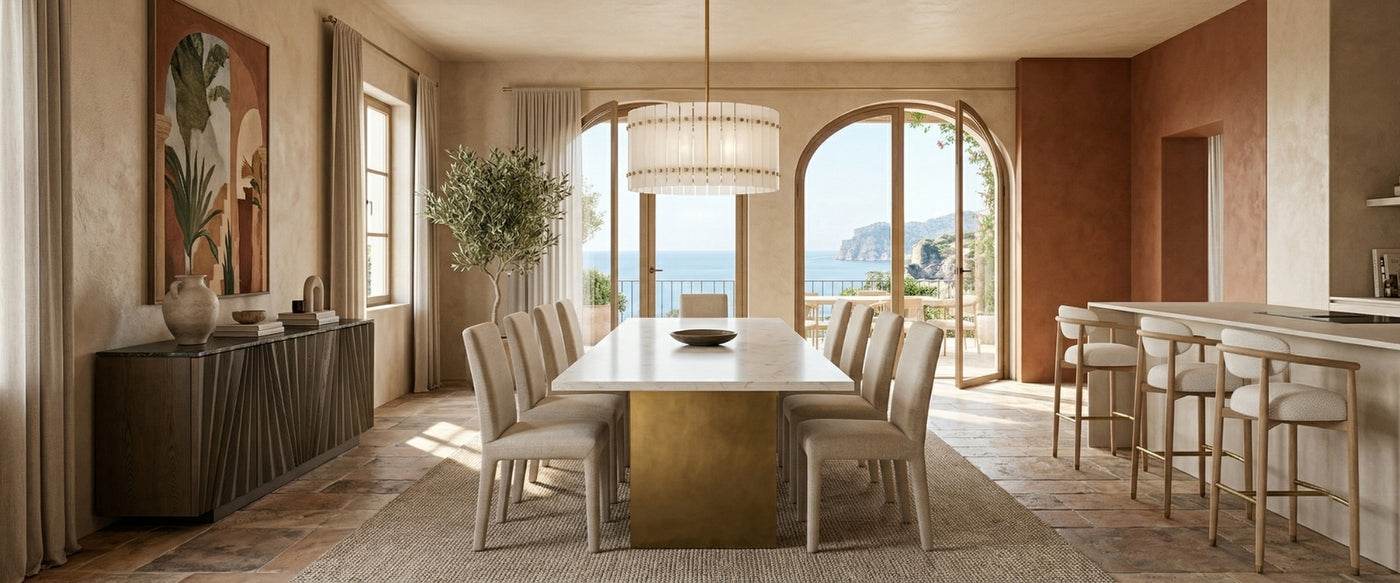 French Riviera dining room featuring OROA furniture with refined details, warm textures, and Mediterranean influences.