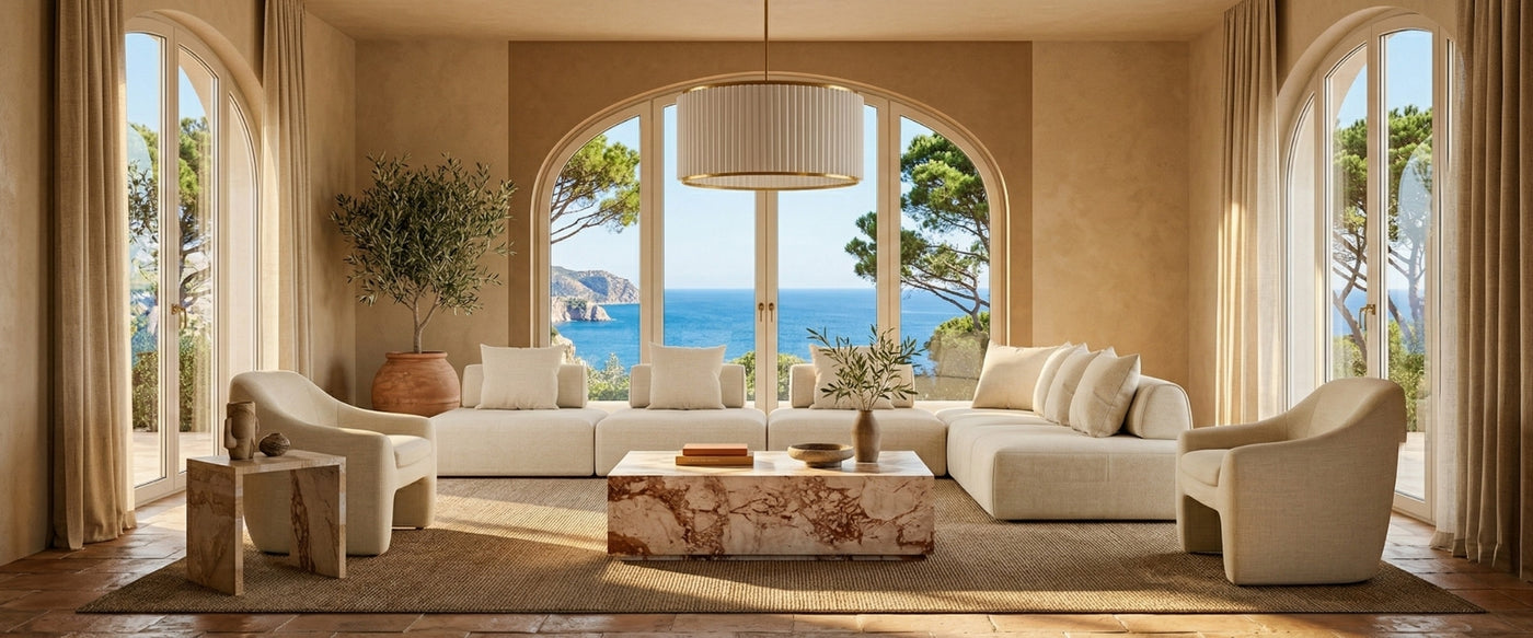 French Riviera living room by OROA featuring light-filled interiors, refined furnishings, and Mediterranean-inspired details.