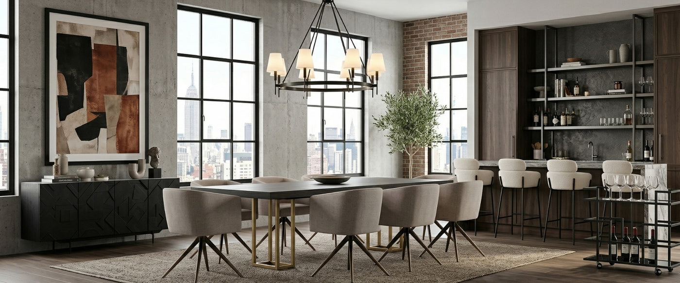 Industrial Modern dining room with OROA furniture, metal details, and wood finishes.