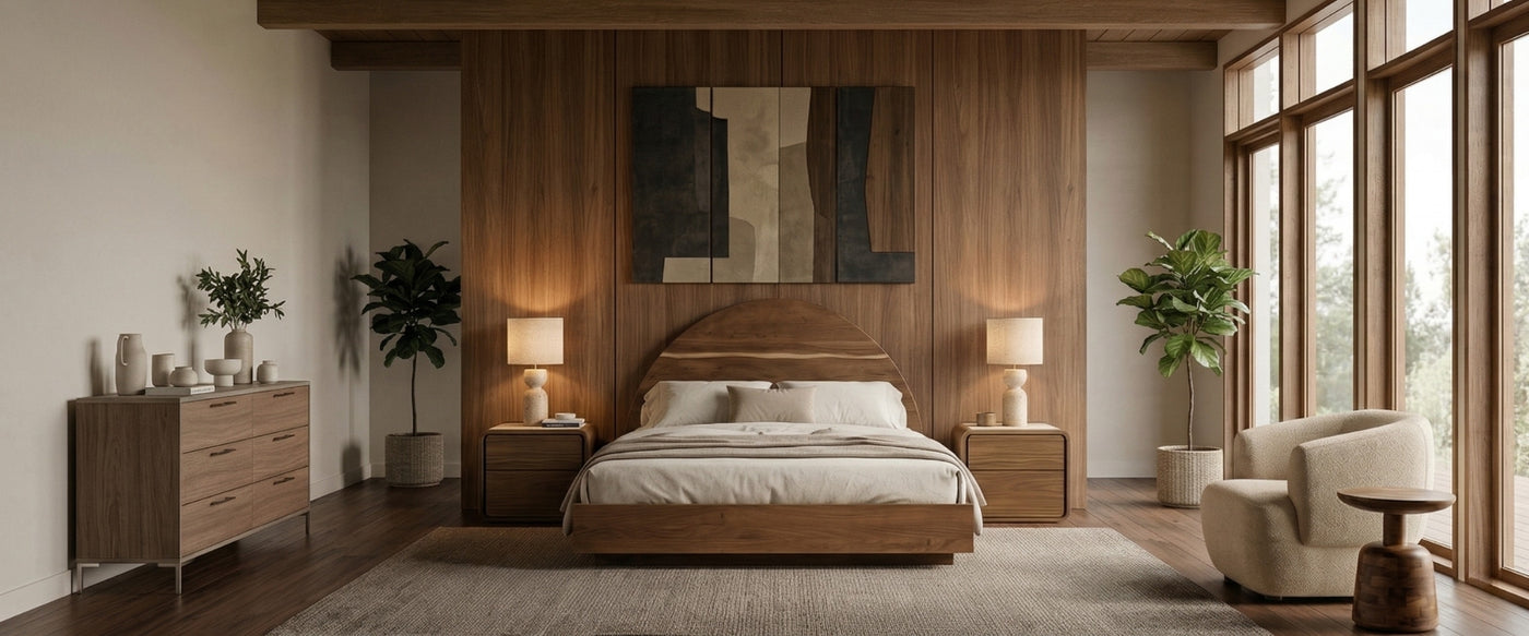 Mid-Century Modern bedroom showcasing OROA furnishings with walnut wood and classic silhouettes.