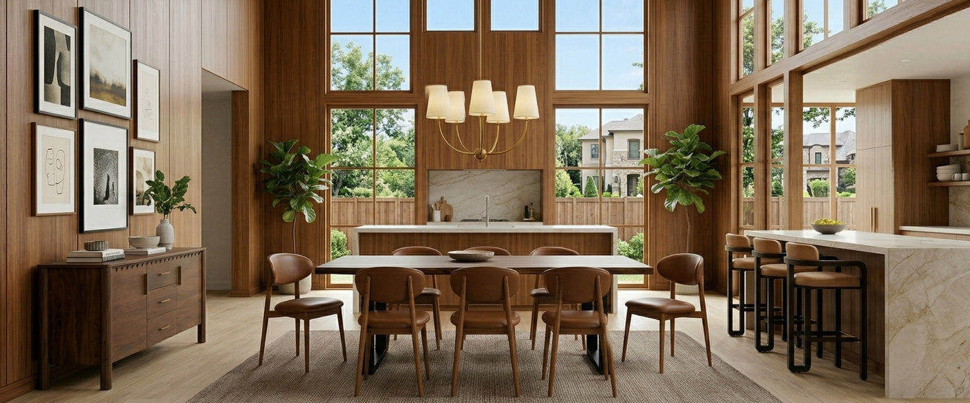 Mid-Century Modern dining room featuring OROA furniture with walnut finishes and iconic silhouettes.