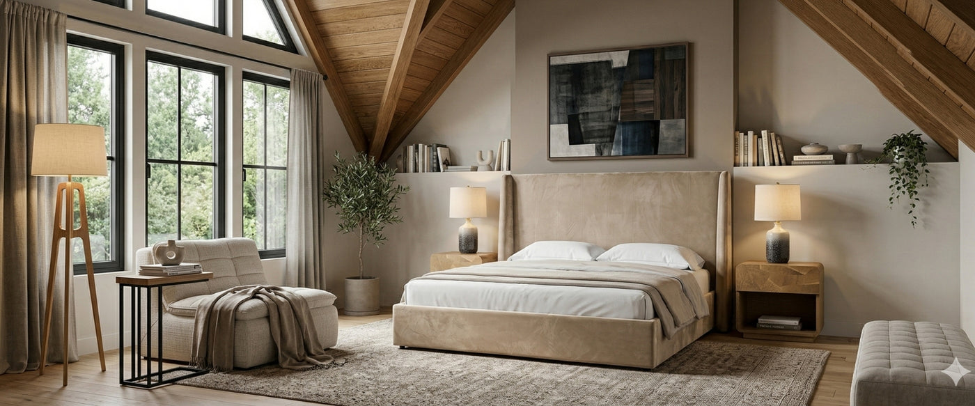 Scandinavian bedroom by OROA with a streamlined bed, light wood details, and layered neutrals that bring clarity and ease to the space. | Oroa.com