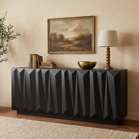 Black Geometric Four-Door Sideboard — styled beneath wall art
