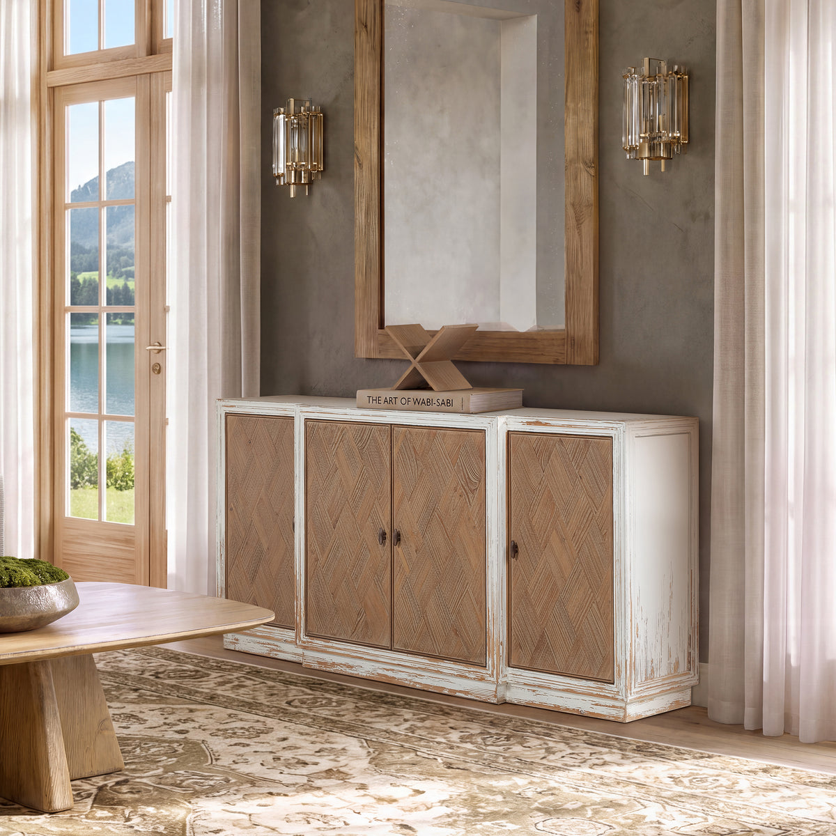 Amelie Patchwork 4-Door Sideboard, Antique White and Medium Brown Reclaimed Pine - OROA Online Furniture