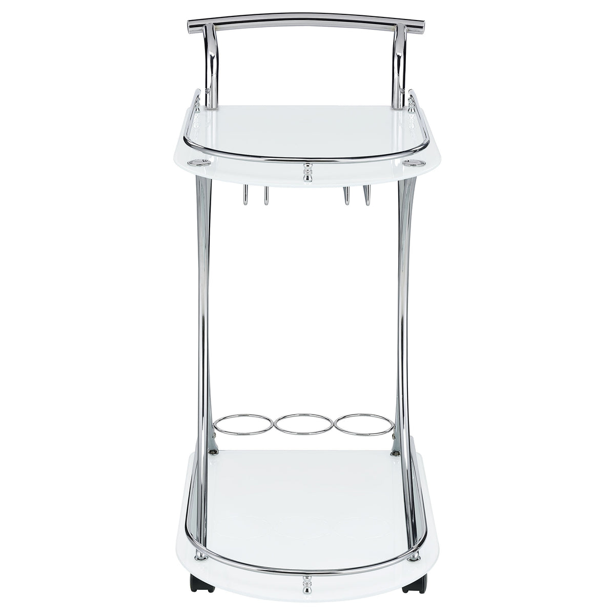 Allen 2-Tier Glass Shelf Bar Cart with Stemware and Wine Rack, White and Chrome Metal - OROA Modern Furniture