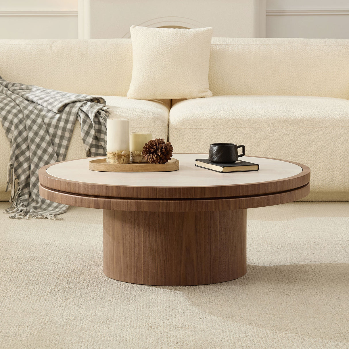 Mid Century Coffee Table with Stone Tabletop & Walnut Finish - OROA
