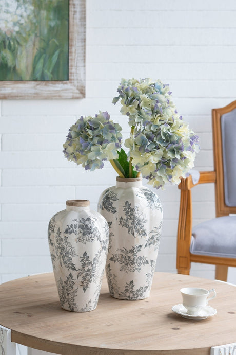 White Ceramic Accent Vase with Gray Floral Design - OROA