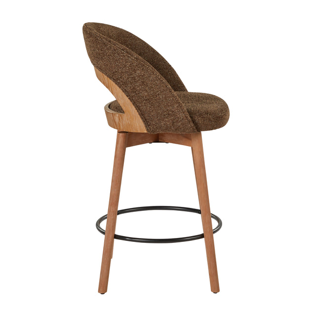 Dark brown upholstered counter stool with wood legs — side view