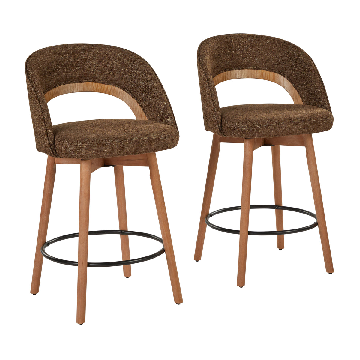 Dark brown upholstered counter stool with wood legs — pair on a white background