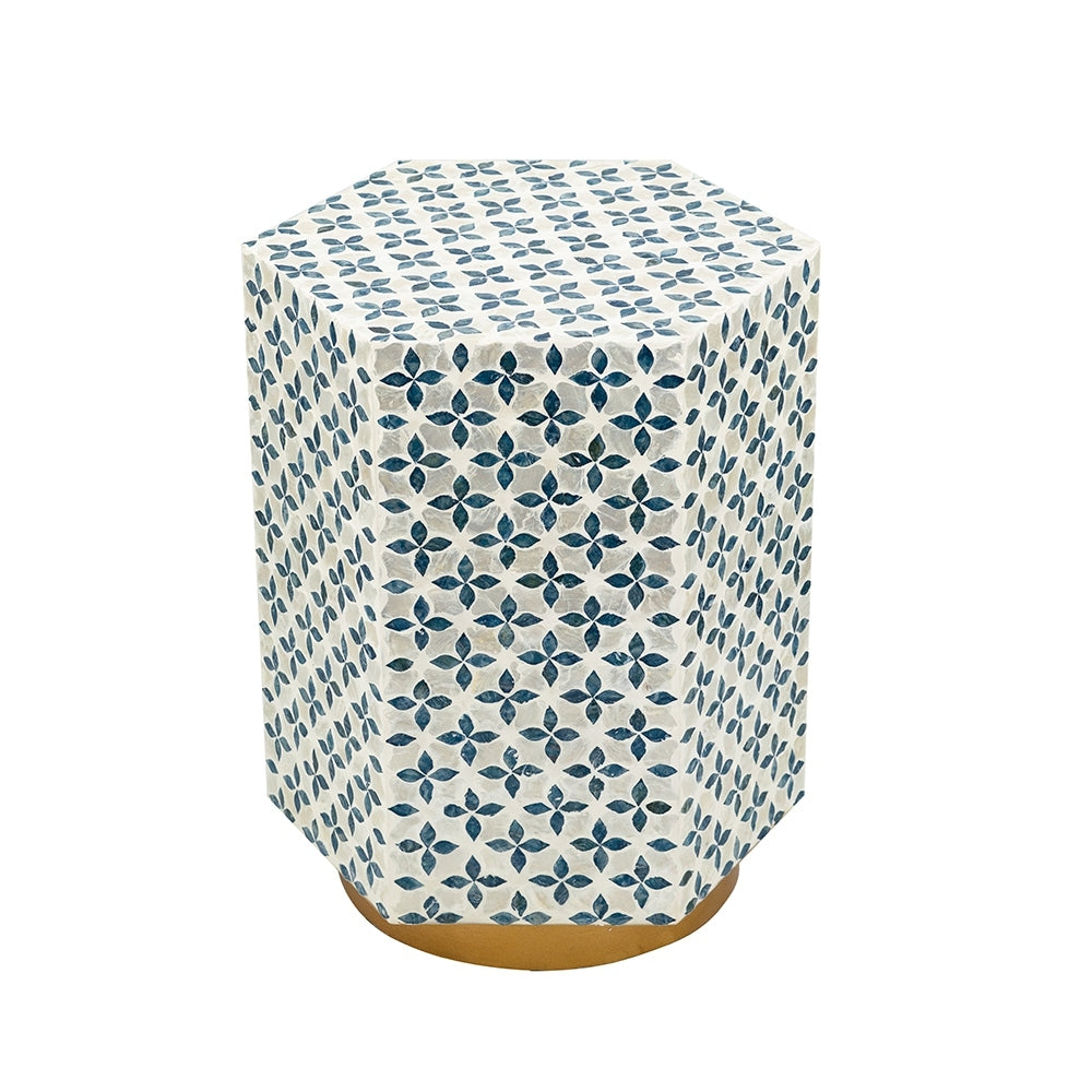 Hexagonal Accent Table with Blue Capiz Design and Gold Base
