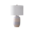 Striped glazed ceramic table lamp with white drum shade — front view