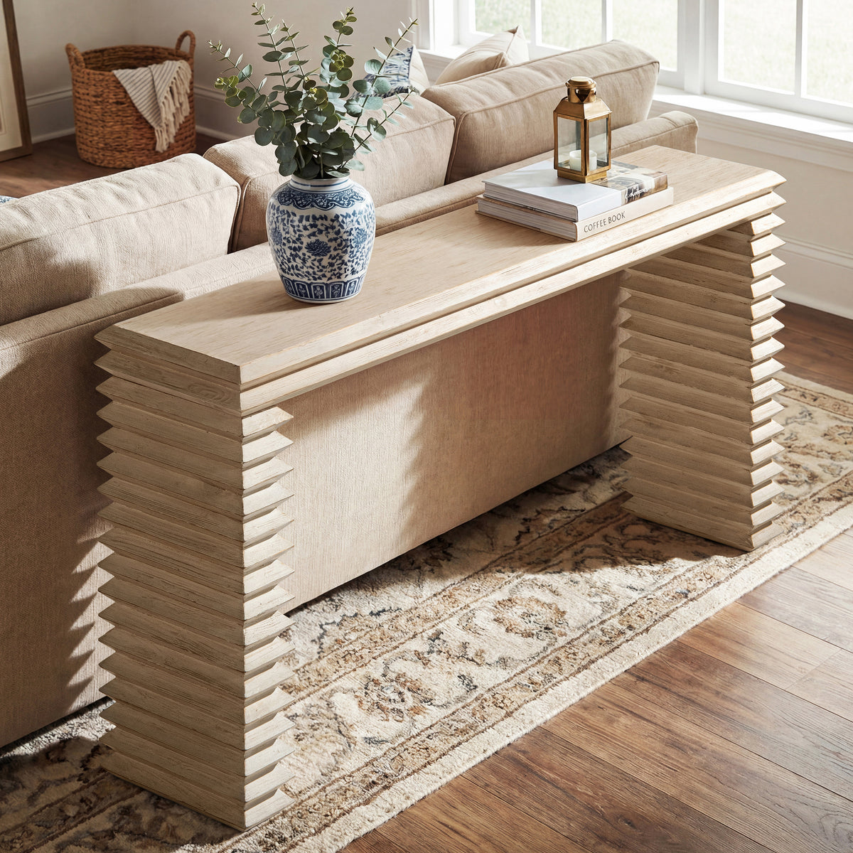 Veda Whitewashed Reclaimed Pine Geometric Console Table with Slim Stacked Legs - OROA Modern Furniture