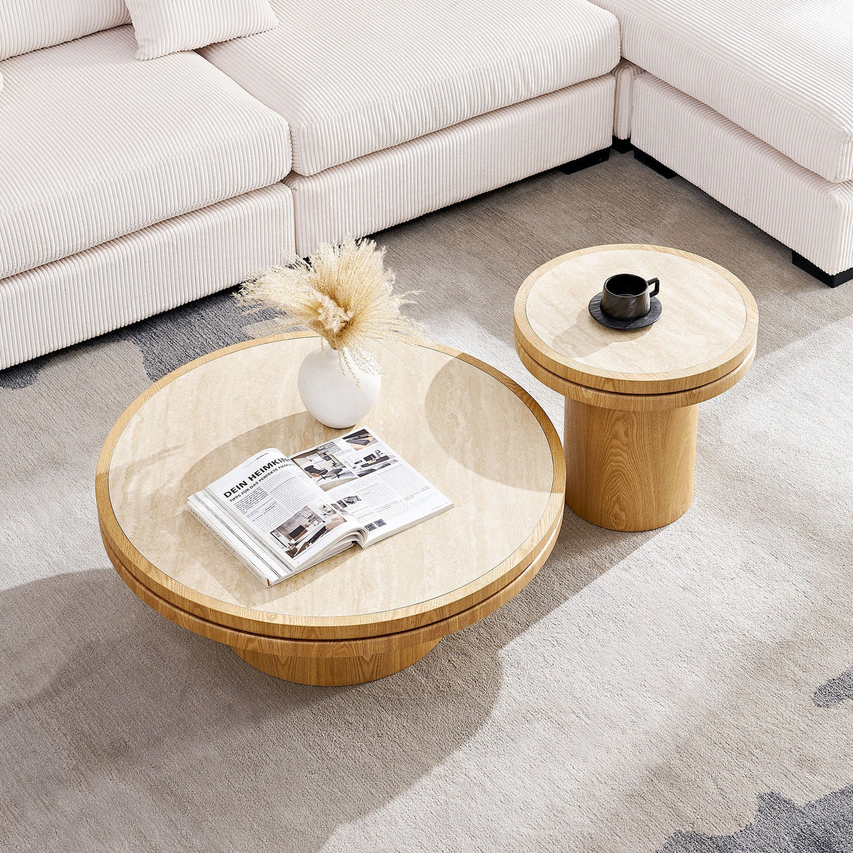 Natural Round Coffee Table with Sintered Stone Top - OROA
