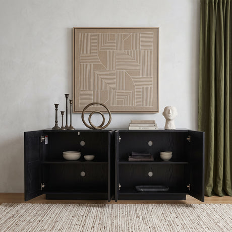 Black Geometric Four-Door Sideboard — open storage styled in a living room