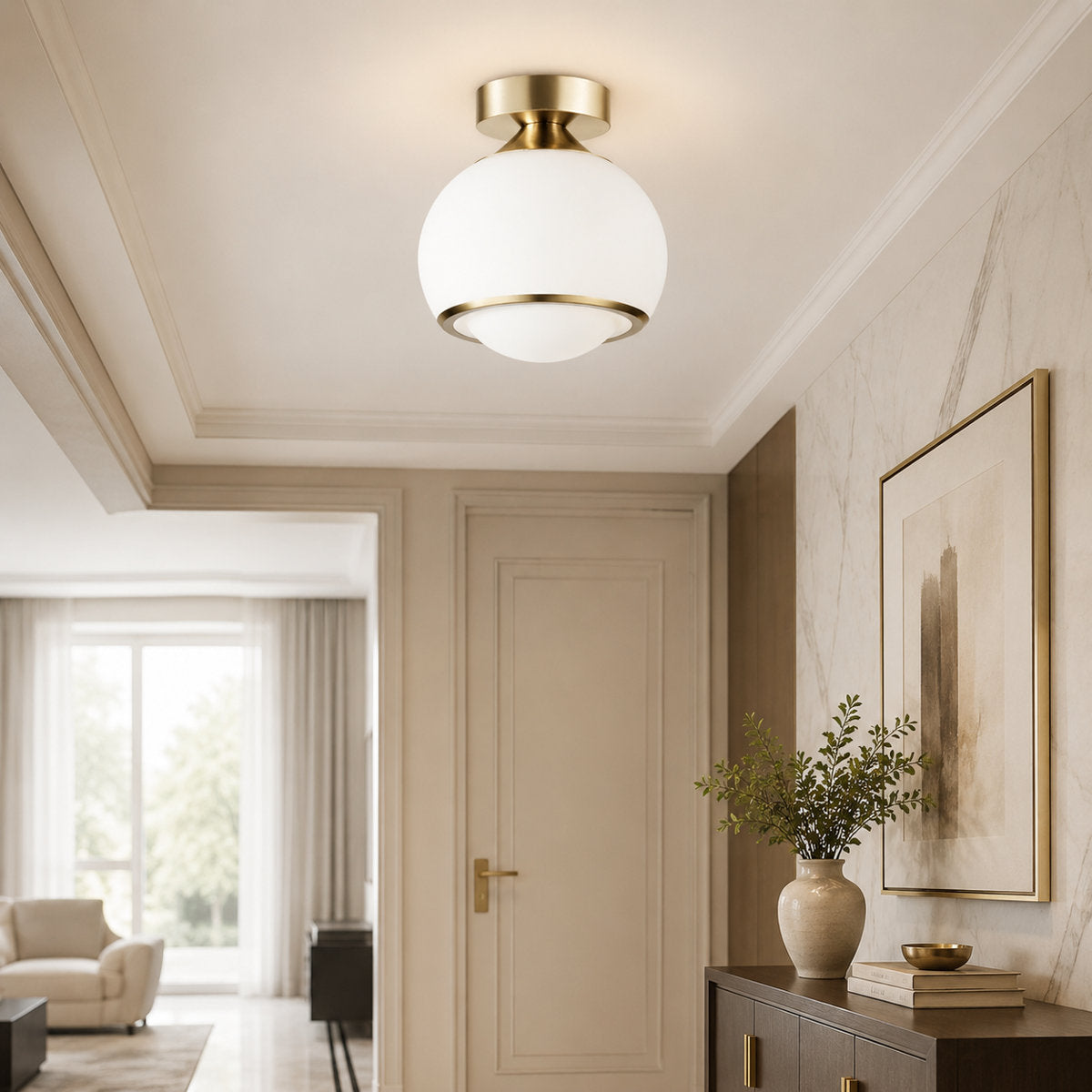 Gold Opal Glass Dimmable LED Ceiling Lamp — installed in an entryway