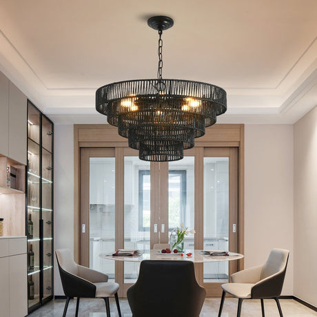 5-Tier Black Hemp Rope Pendant Light Chandelier