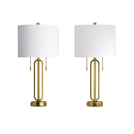 Gold Metal USB-C Pull-Chain Table Lamps — pair on a white background