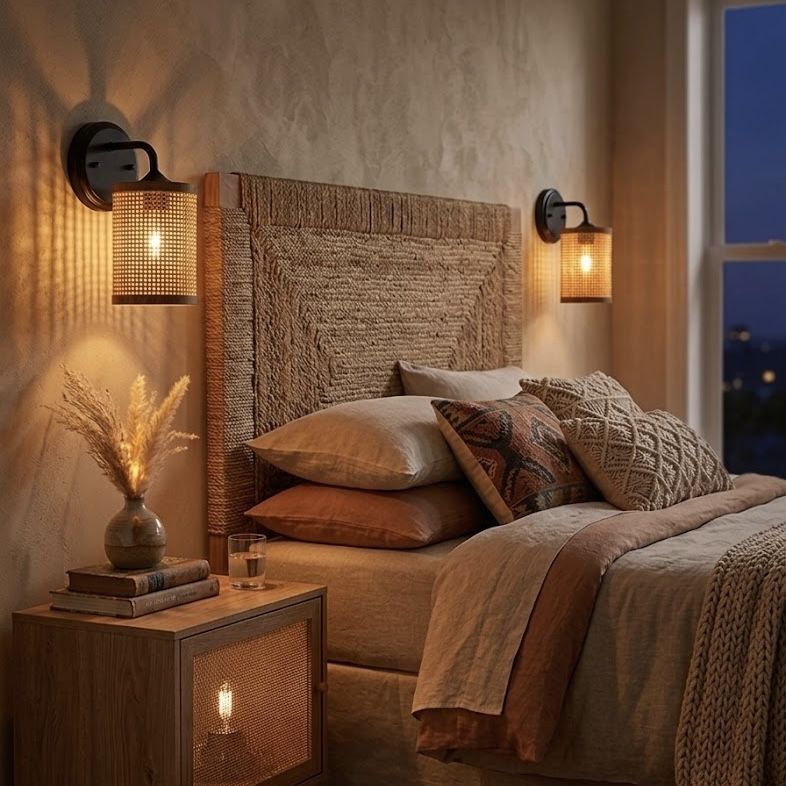 Black Rattan Wall Sconce Wicker - OROA