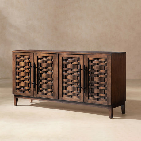 Koa Woven Wood 4-Door Sideboard, Dark Brown Reclaimed Pine - OROA Modern Furniture