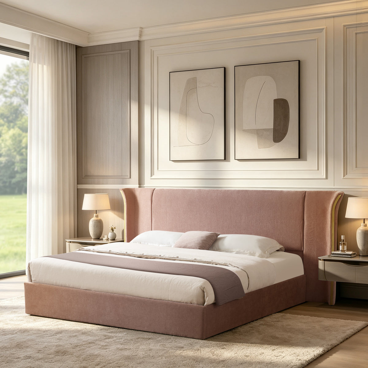 Pink Chenille Wingback King Bed – OROA, view 2