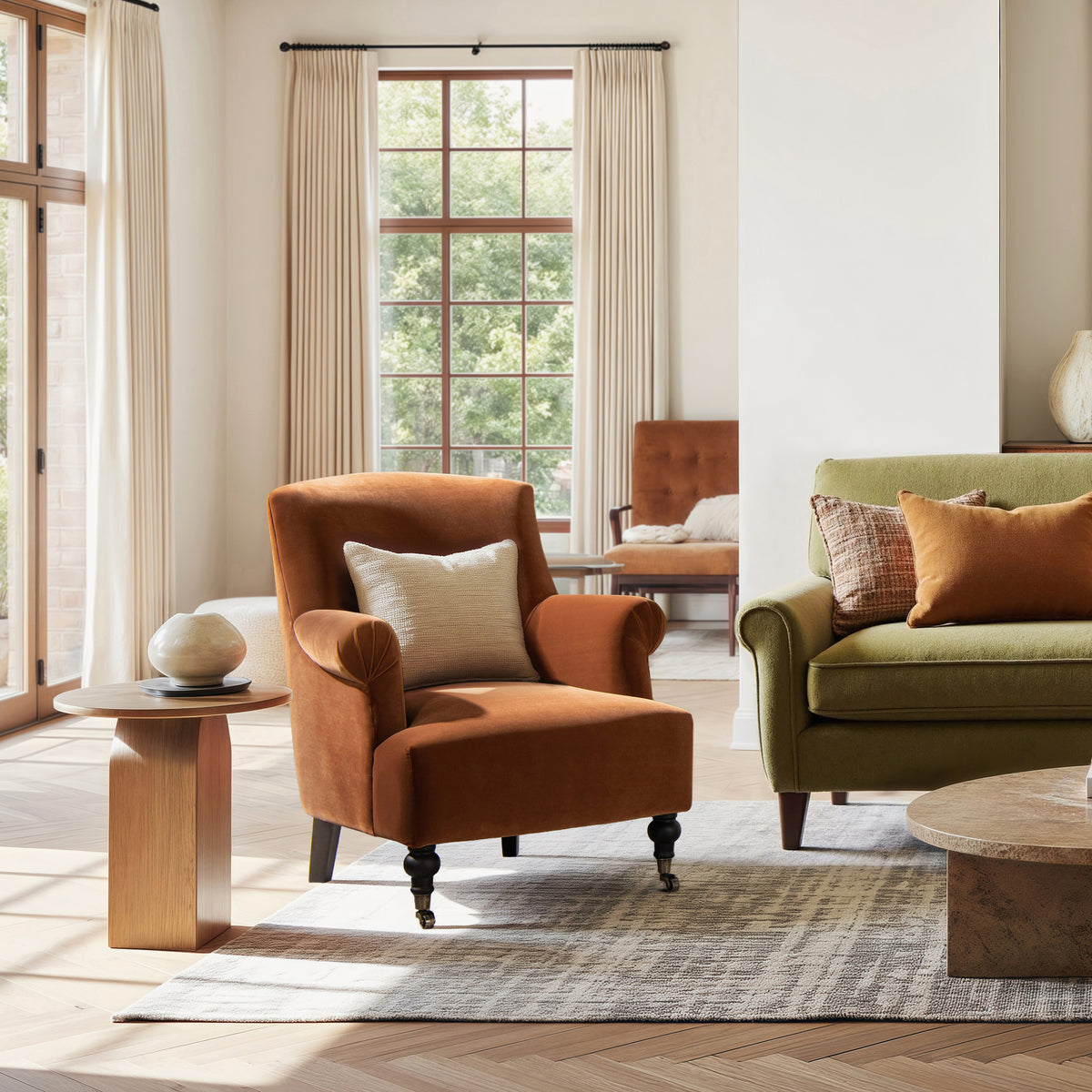 Eloise Pleated Sock Arm Accent Armchair, Burnt Orange Performance Velvet - OROA Modern Furniture