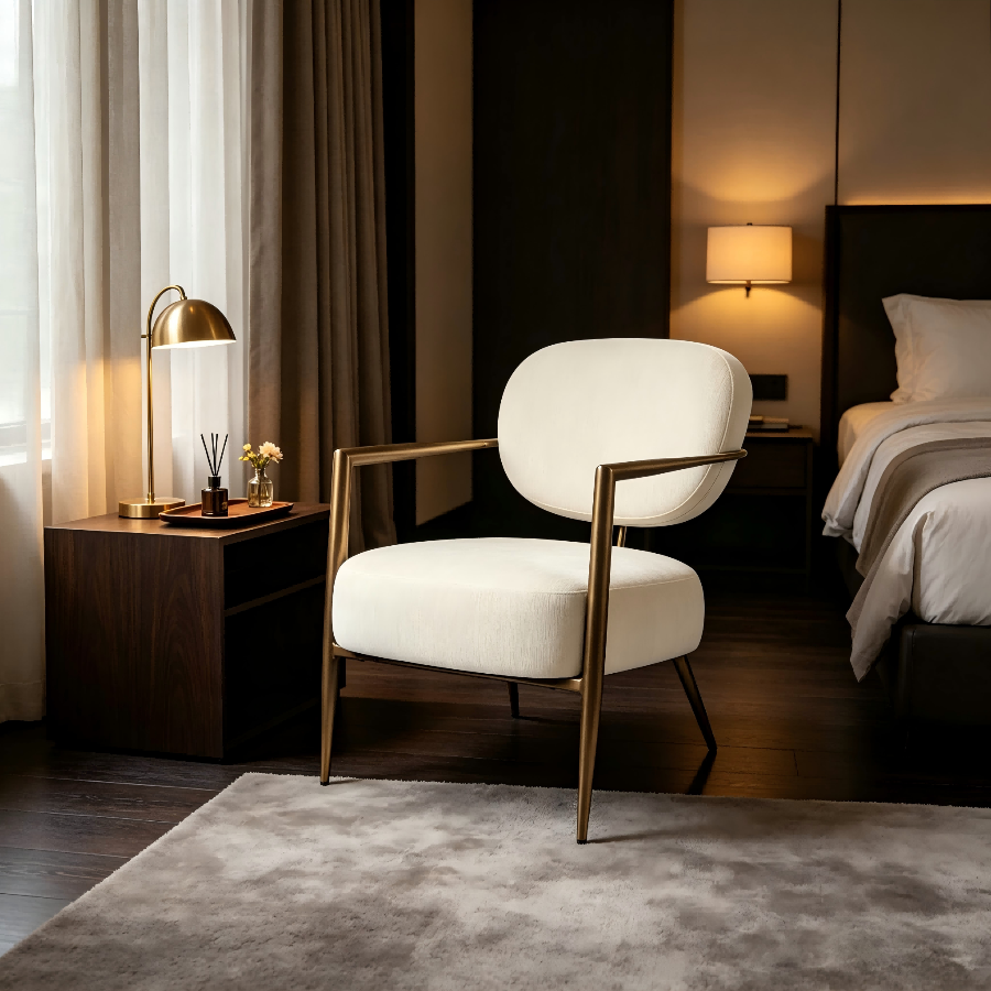 Cream Textured Accent Chair with Bronze Metal Frame | Catchy