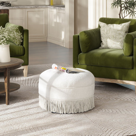 Round Upholstered Accent Ottoman - Almond White