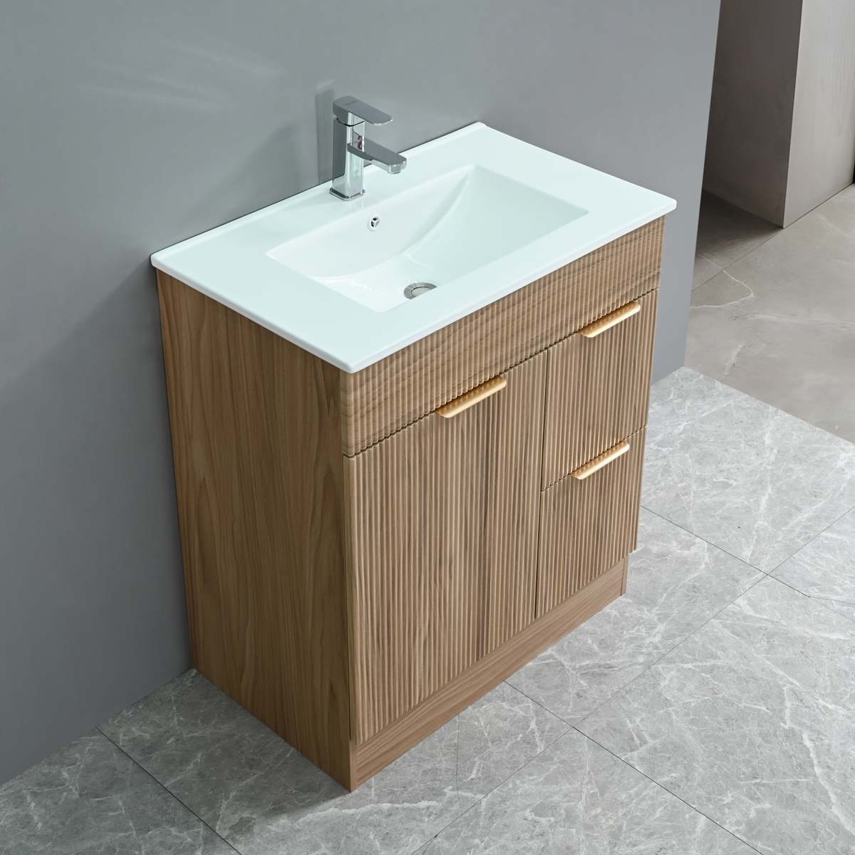Walnut-Look Fluted Bathroom Vanity with Ceramic Sink — overhead view of sink and cabinet