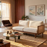 3-Seater Boucle Sofa with Cane Rattan and Wooden Frame - OROA