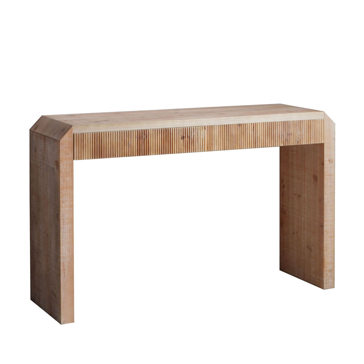 Wooden console table with a white top on a white background