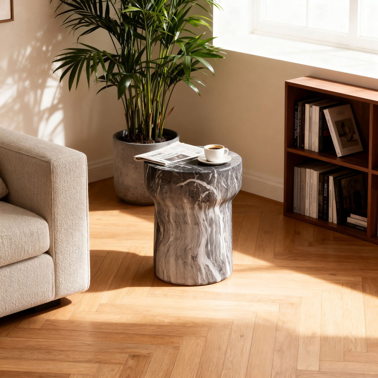 Round Geometric Outdoor/Indoor End Table - Marble