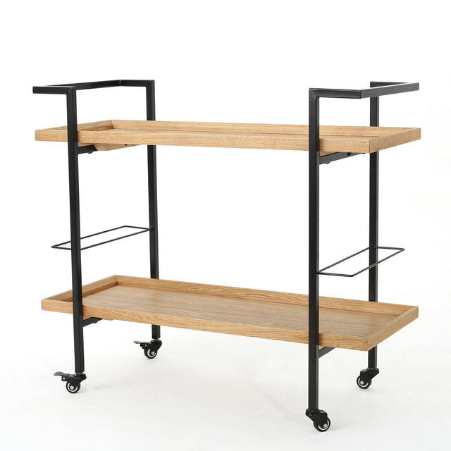 Modern Industrial Bar Cart with Shelving and Casters, Natural Wood and Metal - OROA Online Furniture