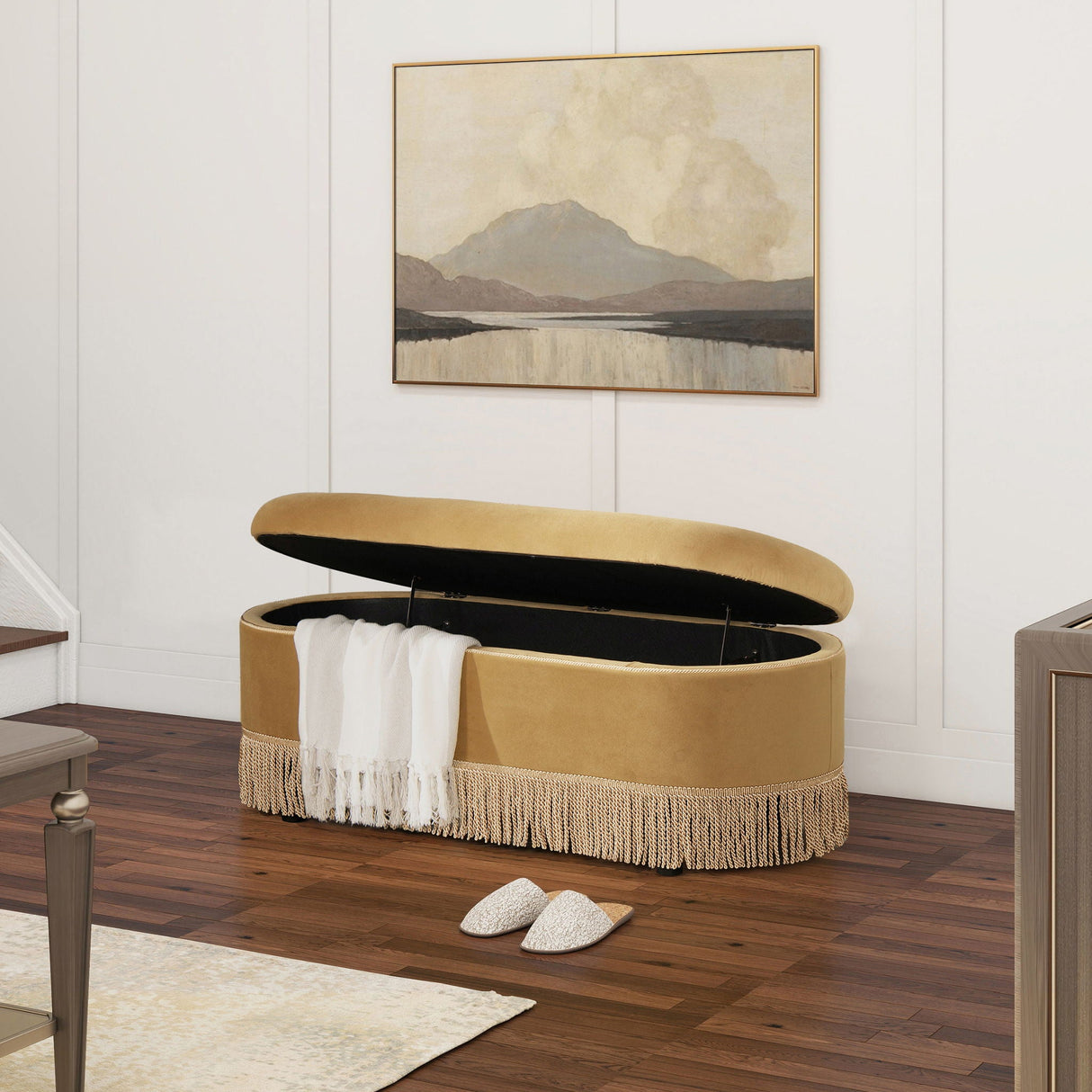 Melindaa - Oval Tufted Bullion Fringe Storage Bench