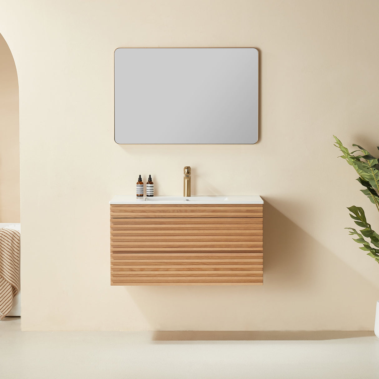 Wall Mounted Floating Single Vanity Cabinet with Ceramic Top - OROA