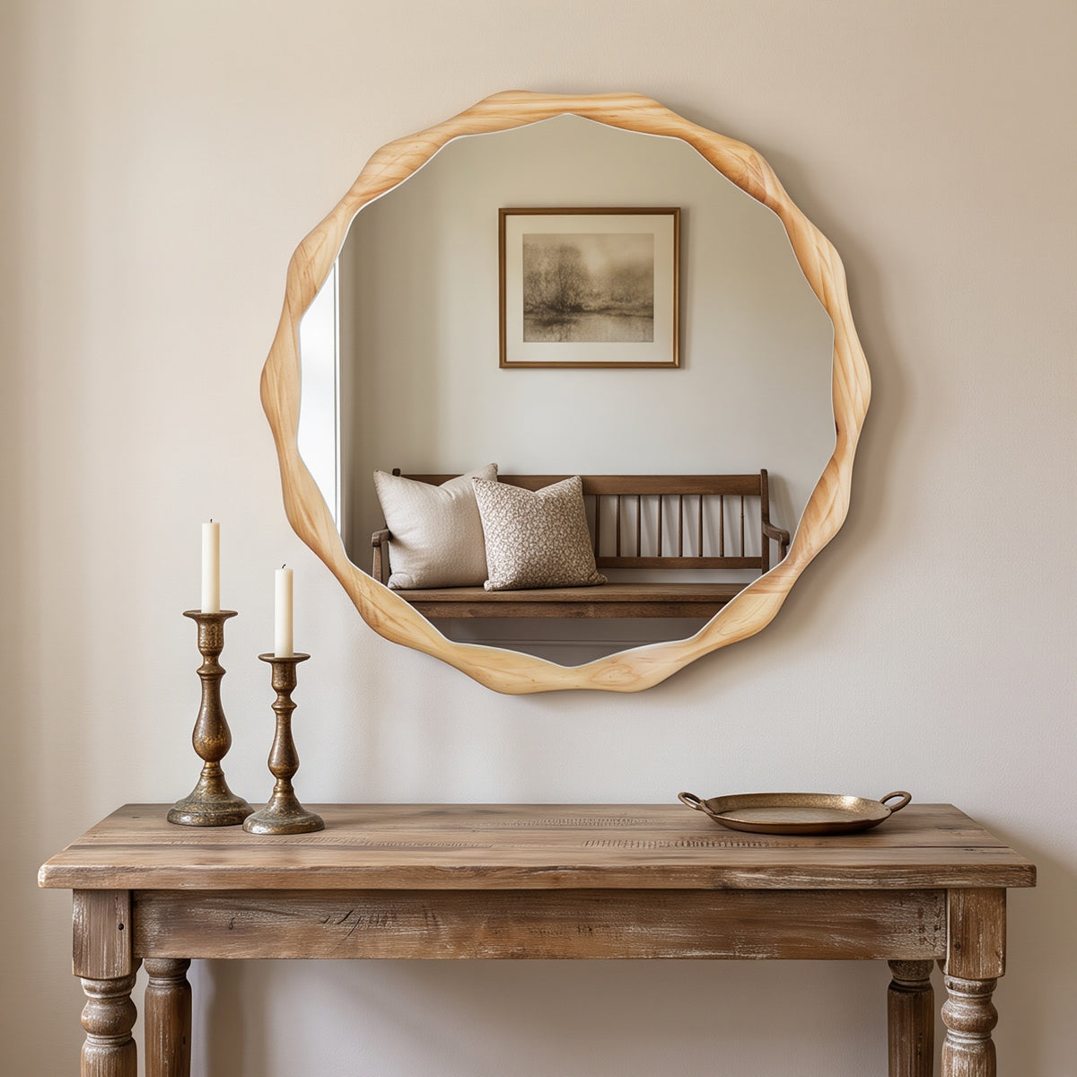 Natural Wood Wavy Round Wall Mirror – OROA, view 7