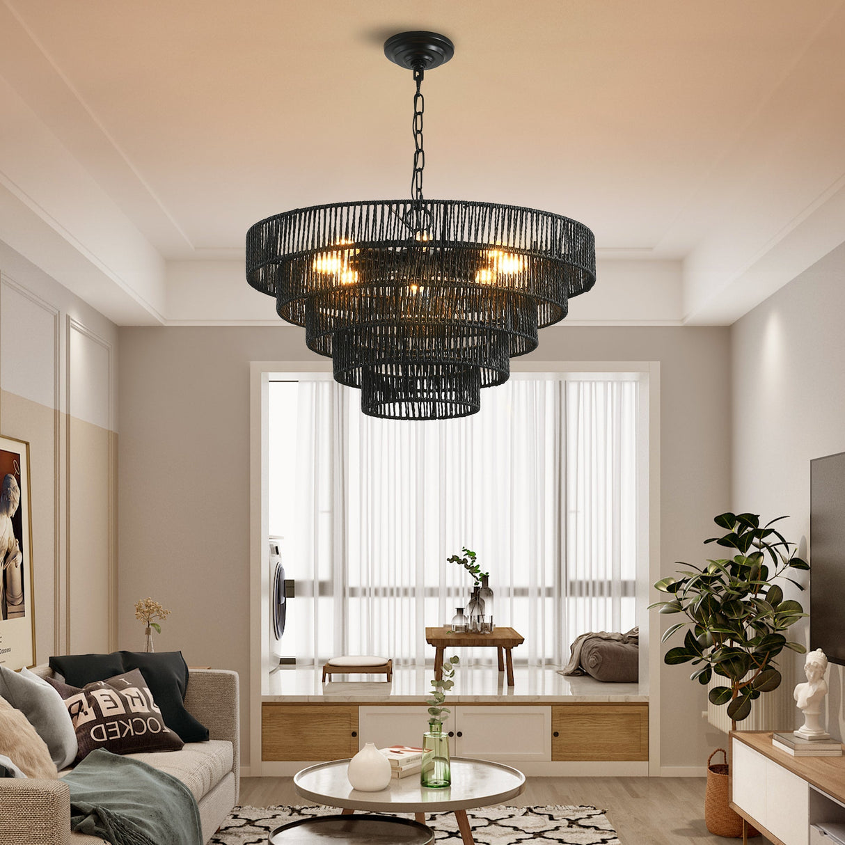 5-Tier Black Hemp Rope Pendant Light Chandelier