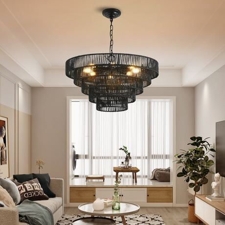 5-Tier Black Hemp Rope Pendant Light Chandelier