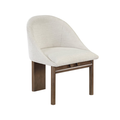 A modern accent chair featuring a curved, upholstered backrest in a textured light beige fabric,
