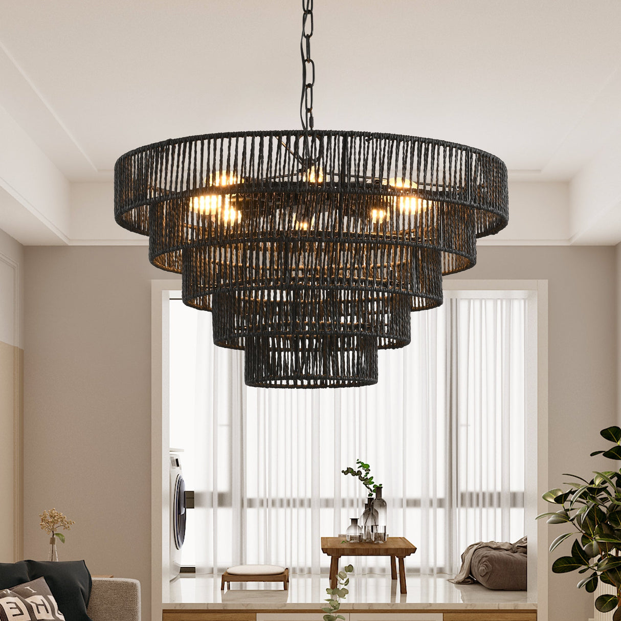 Rustic 5-Tier Black Hemp Rope Pendant Light Chandelier