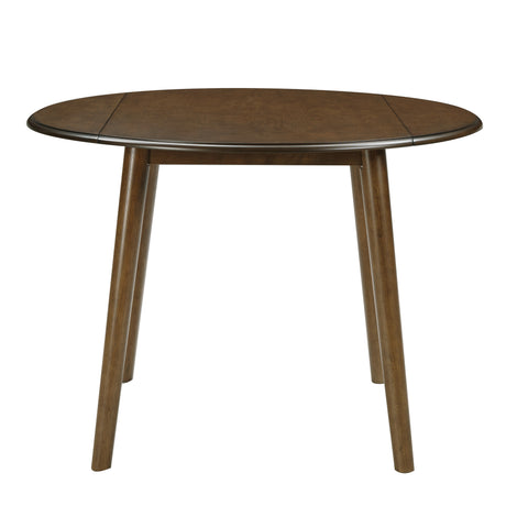 Walnut-Finish Birch Veneer Round Drop-Leaf Dining Table — front view with leaves raised