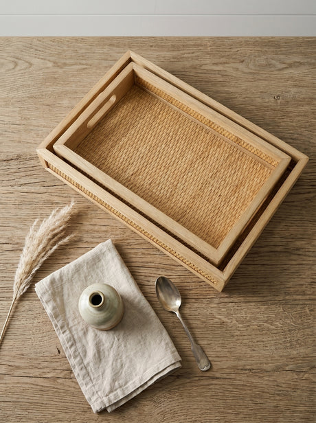 Brown Woven Rattan Trays with Handles — nested trays viewed from above