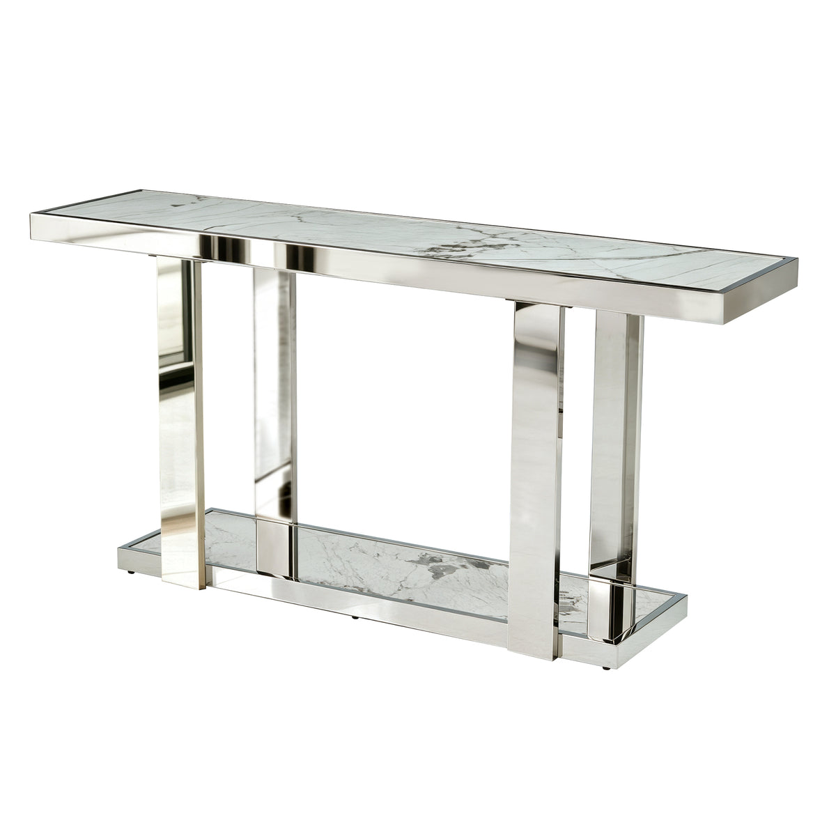 Silver and White Marble Look Two Tier Console – OROA, view 2