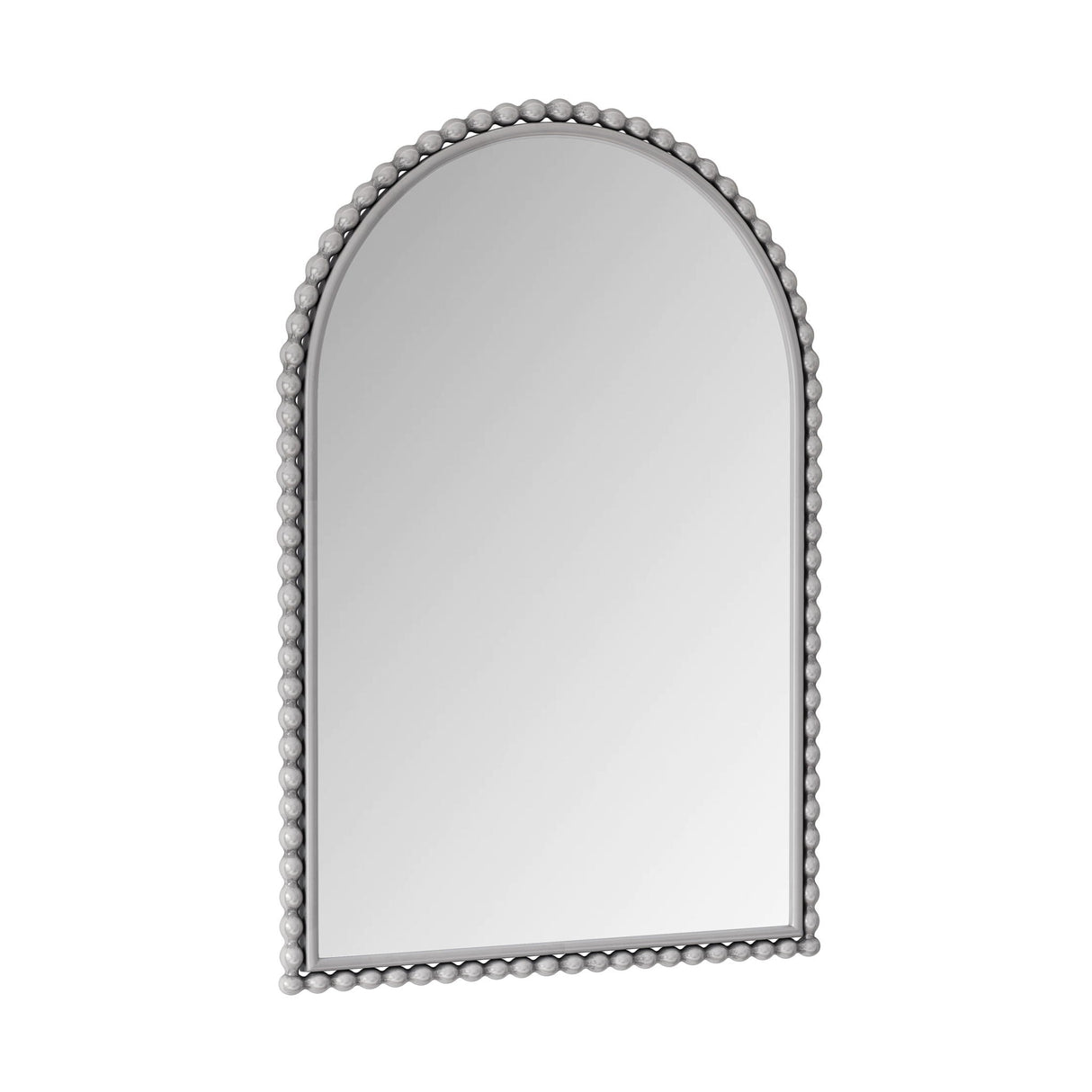 Arched mirror with decorative bead border on a white background