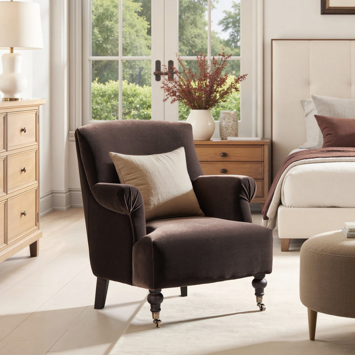 Eloise Pleated Sock Arm Accent Armchair, Deep Brown Performance Velvet - OROA Online Furniture